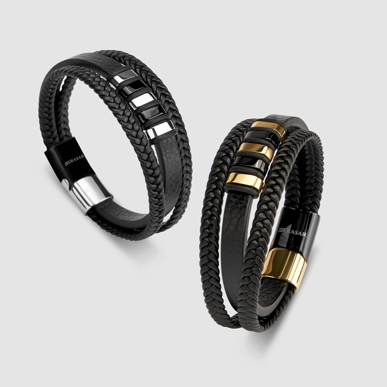 SERASAR | Premium Genuine Leather Bracelet [Glory] for Men in Black | Magnetic Stainless Steel Clasp in Silver and Gold | Exclusive Jewelry Box | Great Gift Idea - Image 7