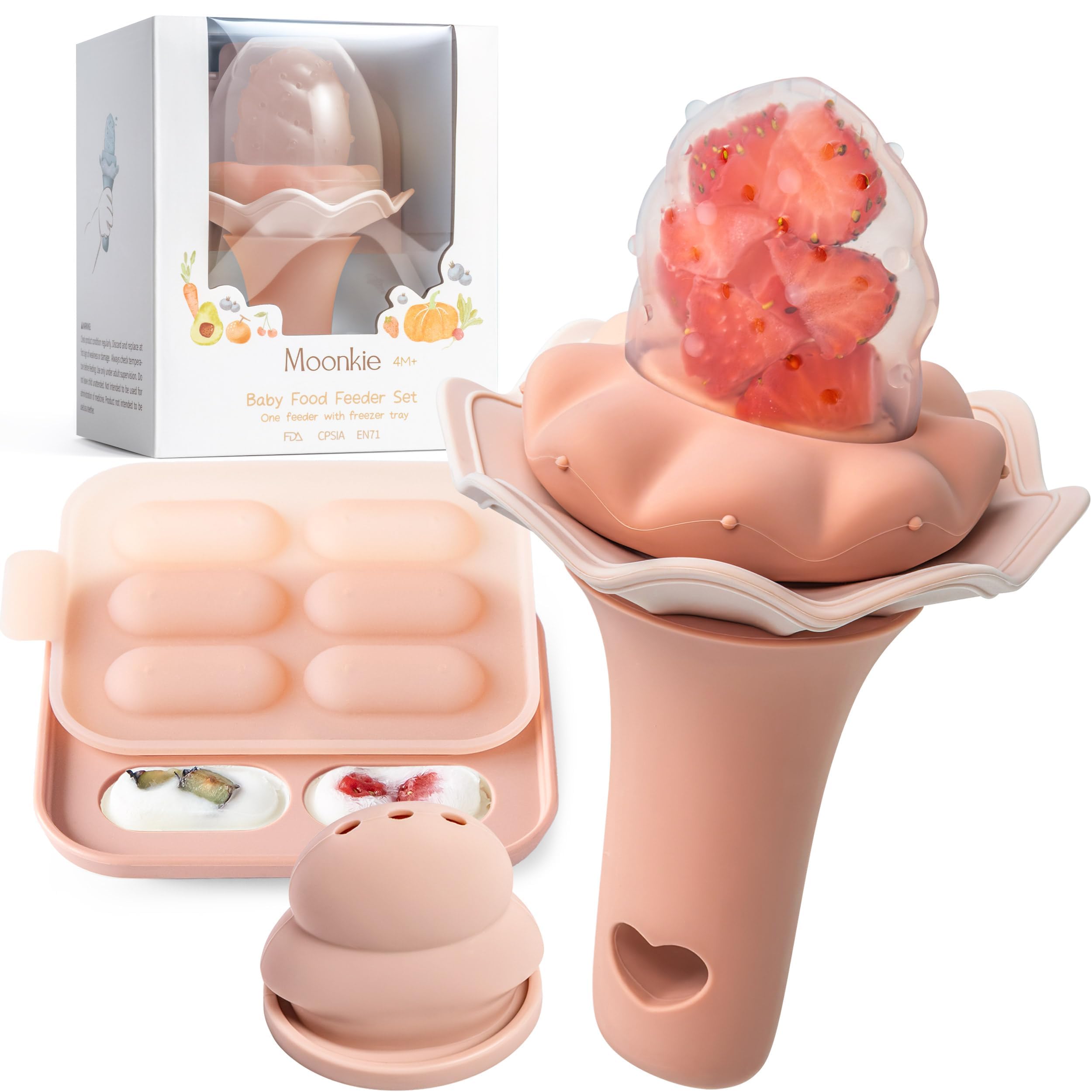 Moonkie Baby Fruit Feeder with Freezer Tray | BPA Free Silicone Baby Food Feeder with Two Sizes Pouches | Baby Shower Gifts | 4 Months+ Led Weaning, 1 Pack(Blush)