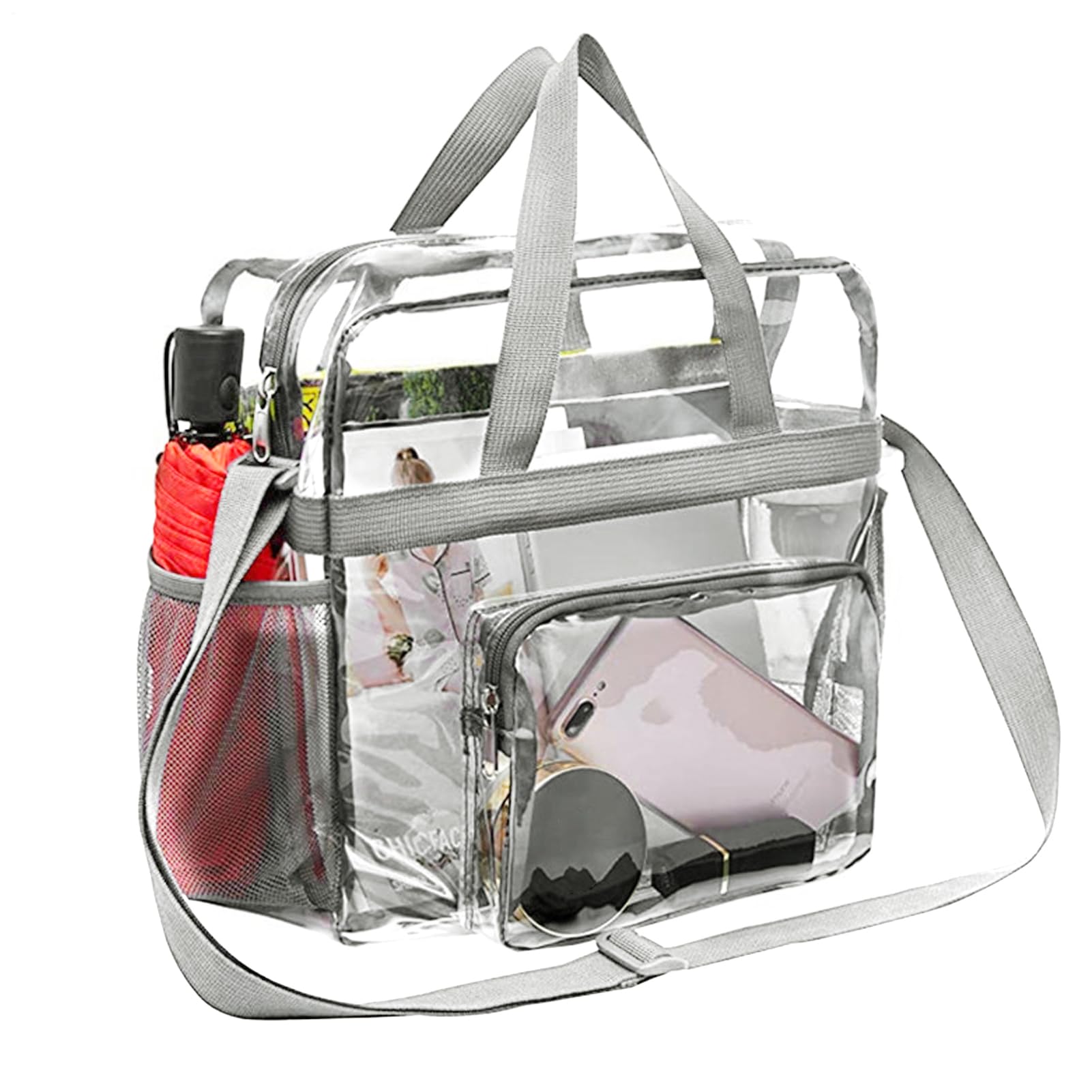 Borsa per il trasporto trasparente, piccola borsa a tracolla trasparente in PVC, borsa da stadio con cerniera e tasche per shopping, viaggi, festival