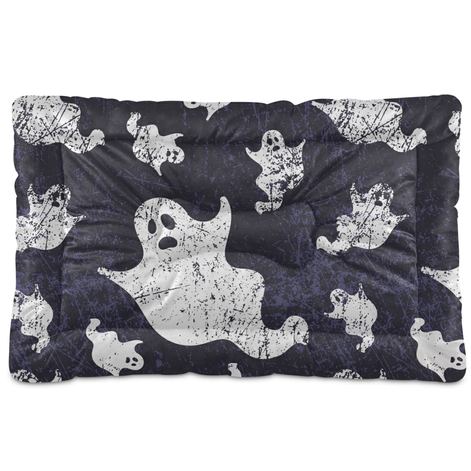 Halloween Day White Ghosts Grunge Style Seamless on Dark Blue Dog Cat Bed Mat, Soft Crate Pad Mattress Cushion for Small Medium Pets, Anti Slip Sleeping Kennel Mat Washable & Dry 24x18 inch