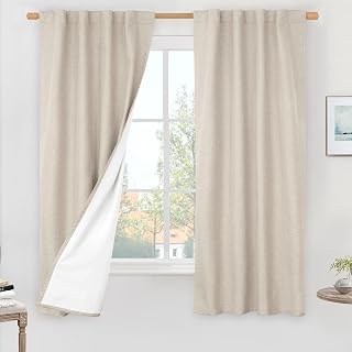 LAMIT Oatmeal 100% Blackout Linen Curtains 63 Inches with White Liner