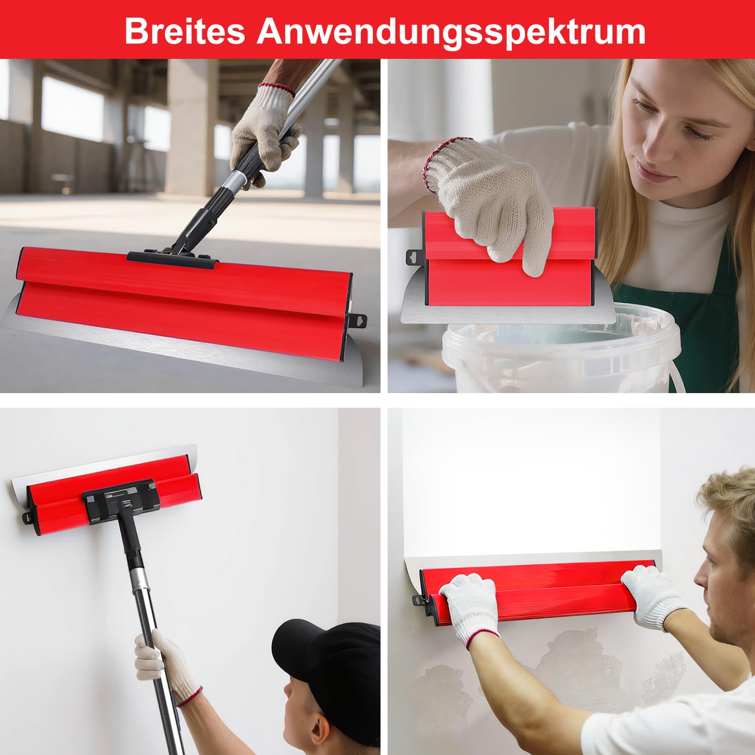 Juego de espátulas de superficie (25 cm, 40 cm, 60 cm), poste telescópico de 76 cm a 160 cm, herramienta profesional para alisar paredes y techos, rojo | Juego de espátulas profesionales