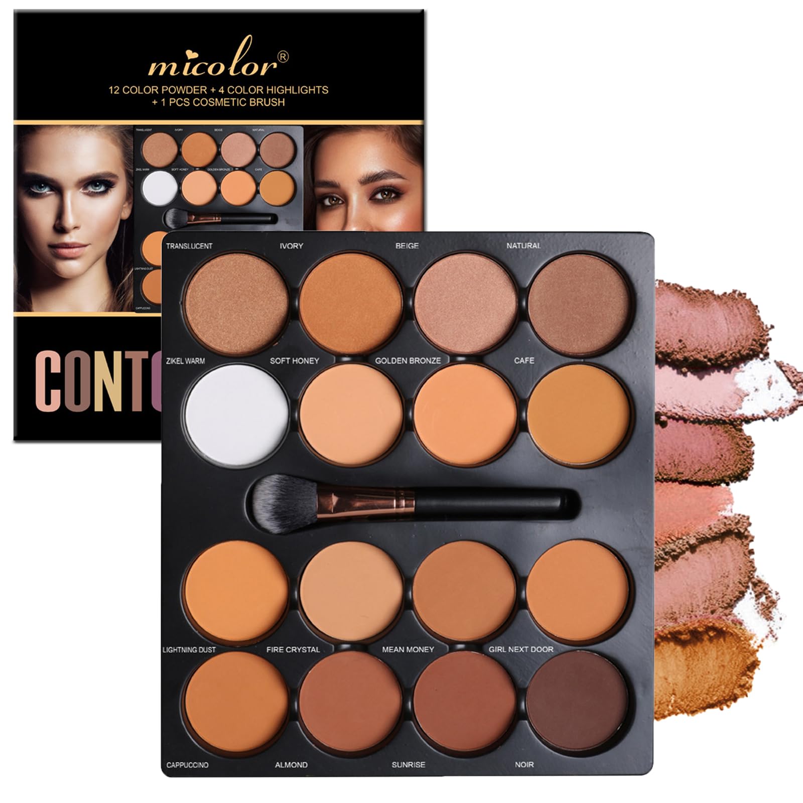 16 Color Powder Contour Palette, Matte Contouring Makeup Kit, Professional Facial Beauty Cosmetic Makeup, Medium to Dark brown