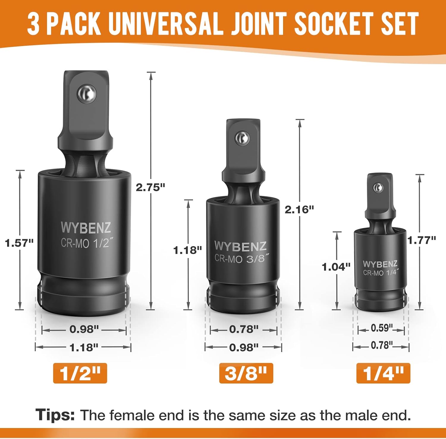 3 Pcs Universal Joint Swivel Socket Adapter Set 1/4",3/8"& 1/2"Drivers,U-Joint Drive CR-MO Impact Grad Wobble Socket Wrench Set
