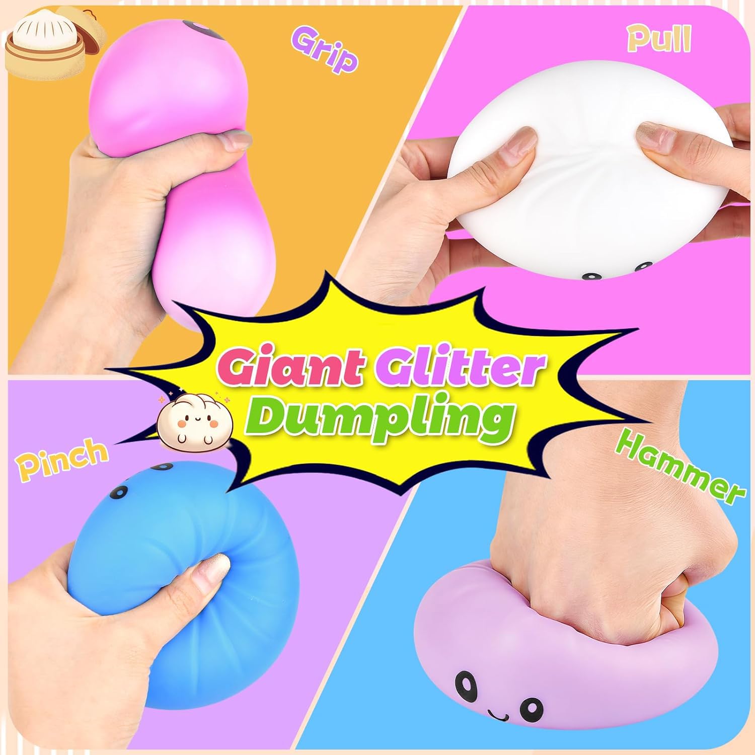 Dumpling Squishys, 9cm Squishys Dumpling con Vaporiera, Divertente Giocattoli Sensoriali, Antistresse Fidget Toys per Adulti, Regalos per Compleanno e Pasqua (1 Pezzi) - 5