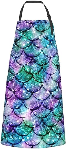 Miniatura 9 de Delantal impermeable con escamas de sirena con purpurina con 2 bolsillos, babero de chef de cocina para hombres y mujeres para cocinar barbacoa
