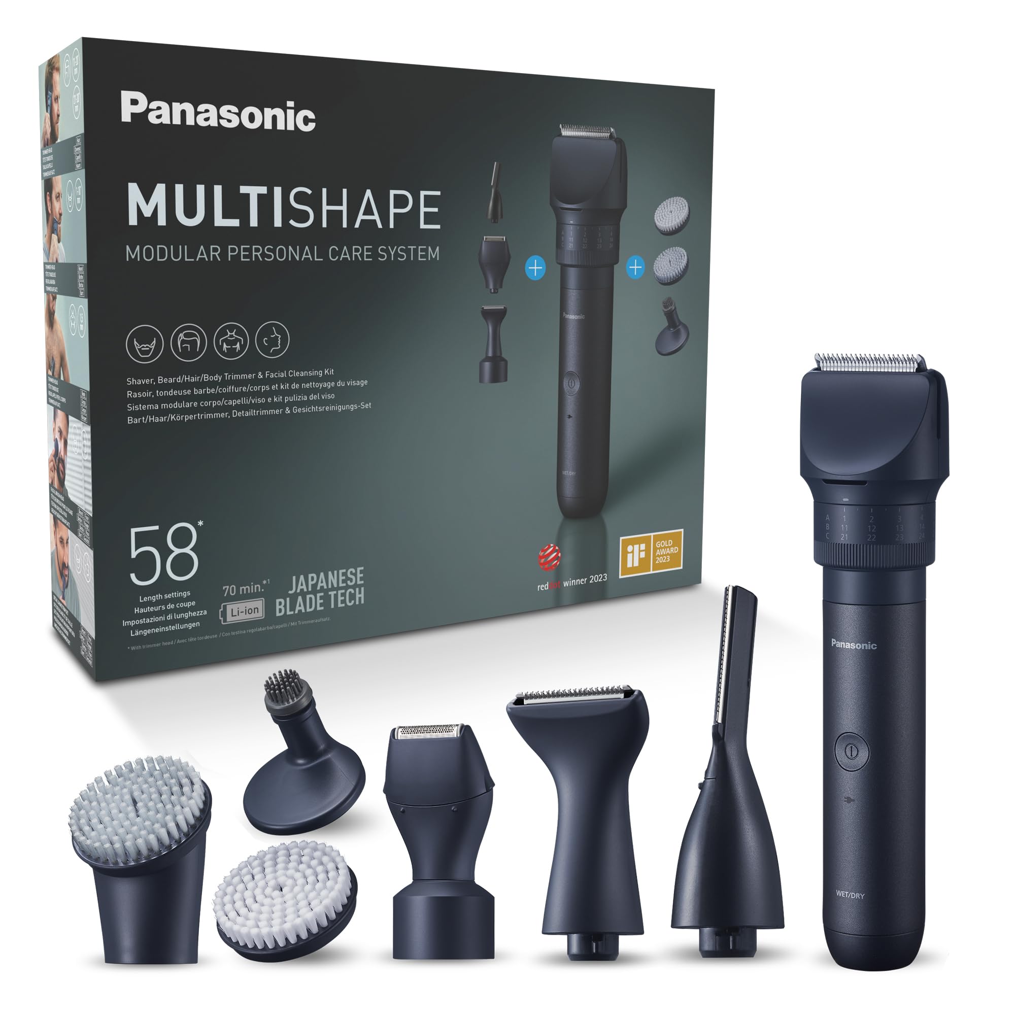 Panasonic XSHAPE-Trim MULTISHAPE, Main Unit with Li-ion Battery, Detail Shaver/Trimming Head Attachment Set, Beard and Hair Trimmer, Facial Cleansing Brush, Black