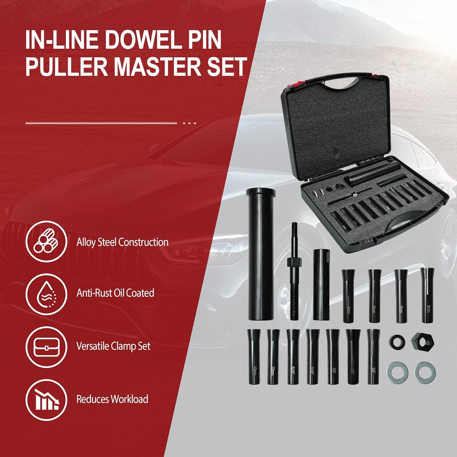 18-Piece 95400 in-Line Dowel Pin Puller Master Set Includes SAE & Metric Collets, Direct Pulling Tool for Air or Ratchet Use Reduces Effort & Hand Injury Risk
