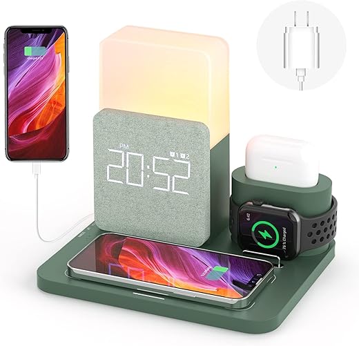 Wireless Charging Station, i Phone 3 in 1 Fast 15 W Wireless Charger with Alarm Clock and Night