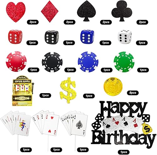 Miniatura 2 de Juego de 30 piezas de decoración de pastel de cumpleaños de casino, mini máquina de juguete de póquer, juego de cartas para decoración de fiesta,