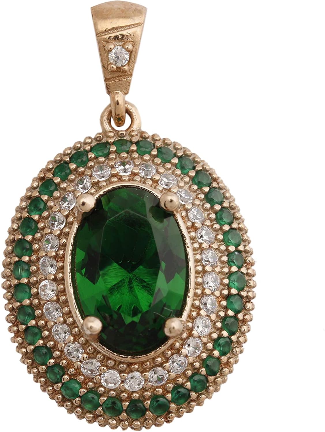 Turkish Handmade Jewelry Small Oval Shape Emerald and Round Cut Topaz 925 Sterling Silver Pendant