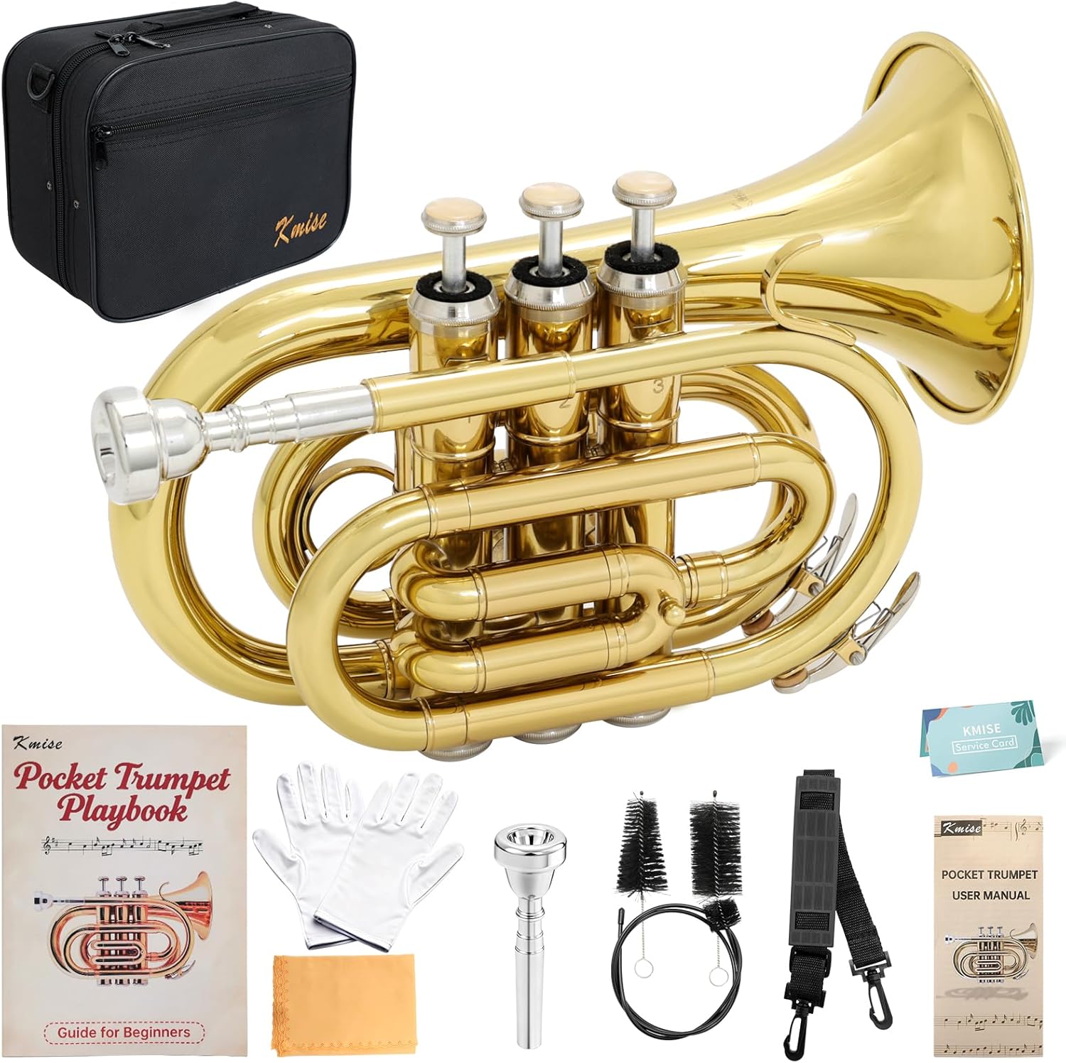Kmise Bb Portable Pocket Trumpet, Premium Brass Mini Trumpets for Students Beginners, Trumpet Instrument Set with Sturdy Case, 7C Mouthpiece, Beginner's Guide Kit, and Cleaning Kit (Gold Lacquer)