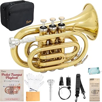 Kmise Bb Portable Pocket Trumpet, Premium Brass Mini Trumpets for Students Beginners, Trumpet Instrument Set with Sturdy Case, 7C Mouthpiece, Beginners Guide Kit, and Cleaning Kit Gold Lacquer