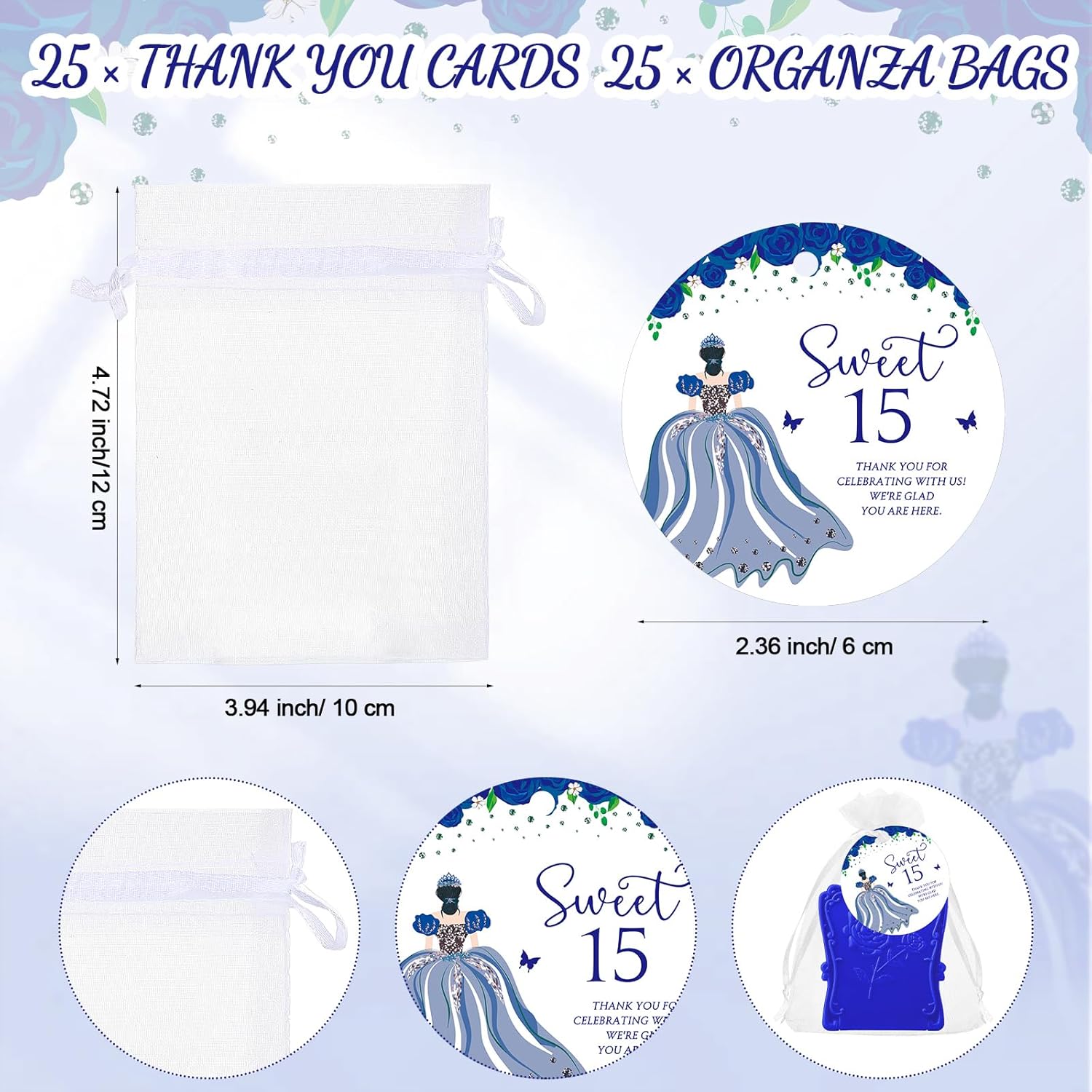 Wenqik 25 Set Quinceanera Party Favors for Guests Include Rose Compact Mirror Quinceanera Card and Organza Bag Mis Xv Sweet 15th Birthday Party Favors (Blue) - Image 3
