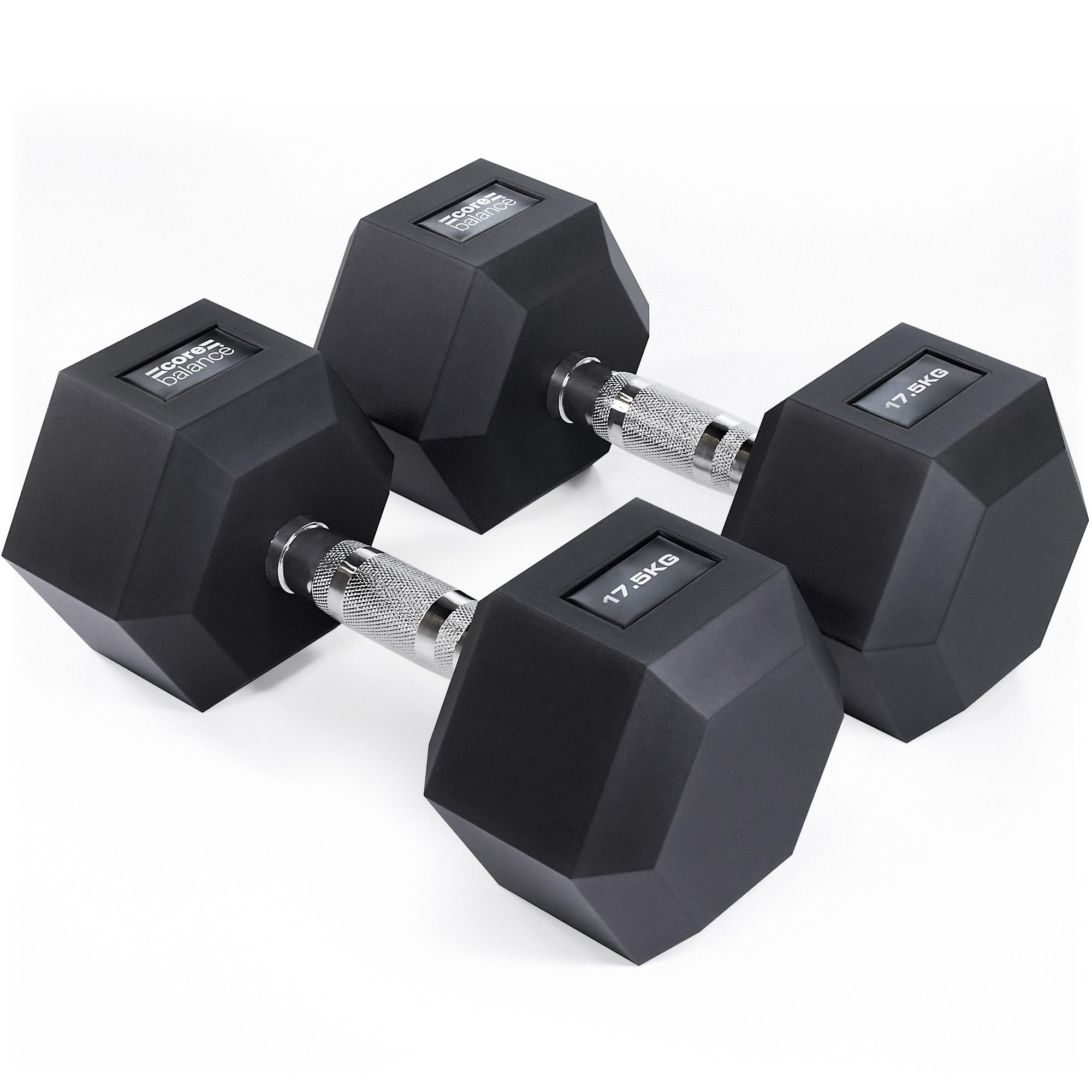 Core Balance Hex Dumbbells Pair – 2 x 17.5kg, Cast Iron, PVC Coated Anti-Roll Hexagonal Weights, Knurled Non-Slip Handles, Home Gym Fitness, Strength Training, Weight Lifting