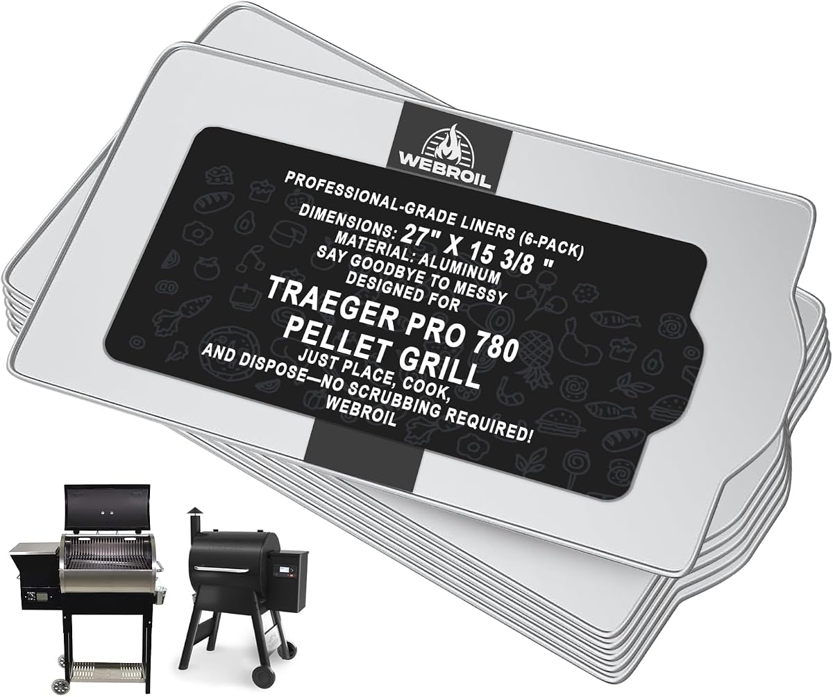 6 paquetes de revestimientos para bandeja de goteo BAC520 para parrilla ahumadora de pellets Traeger Pro 780 | Revestimiento de papel de aluminio para accesorios de revestimiento de bandeja de goteo traeger pro 780, resistente al calor, atrapa grasa, fácil limpieza, 26" x 16"
