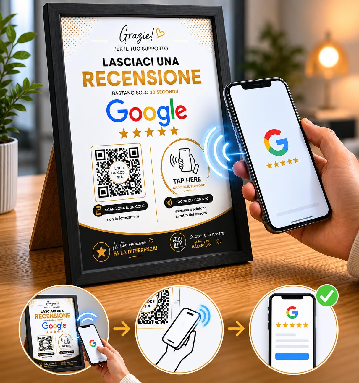 Targa Recensioni Google NFC + QR Code Personalizzata con Cornice 13x18cm | Google Review Stand per Bar Ristoranti Pizzerie Hotel Negozi | Accesso Diretto alle Recensioni
