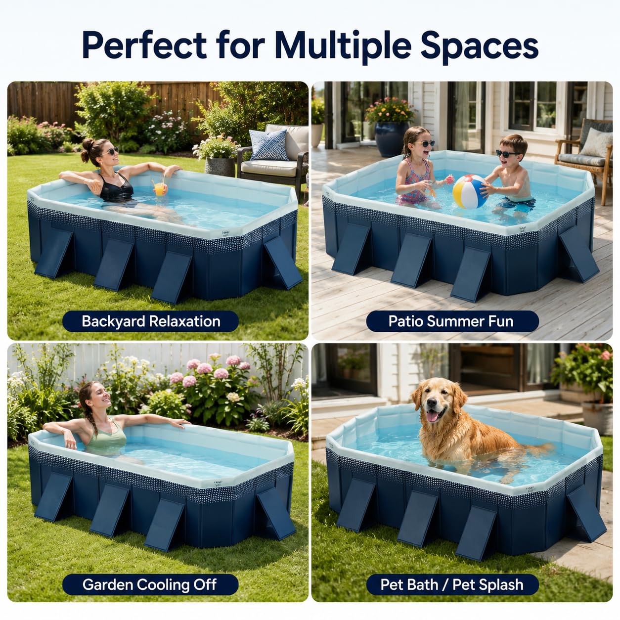 Piscina Pieghevole Fuori Terra Rettangolare da Giardino | Senza pompa, pareti a 4 strati, doppio scarico e chiusura piatta salvaspazio(Blue A,116.1"x65"x21.7")