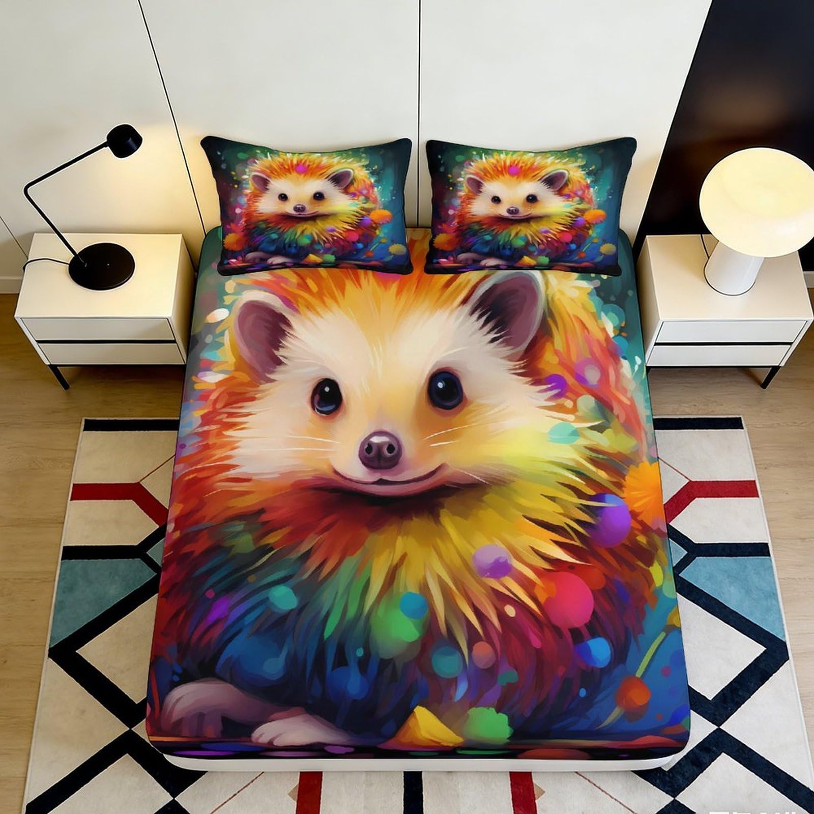 3D Printed Colorful Hedgehog Fitted Sheet Microfiber Soft Non-Slip Mattress Cover for Bedroom Dorm Easy Care Decor 200x200x25cm