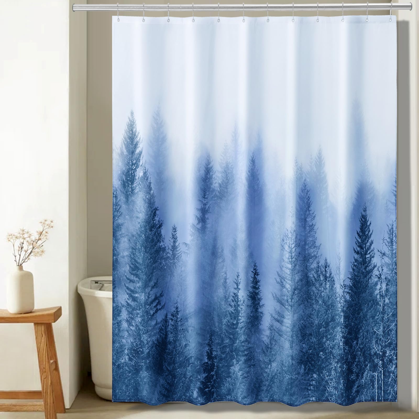 ORTIGIA 78 Inch Blue Misty Forest Shower Curtain for Bathroom, Nature Woodland Shower Curtain Set with Hooks, Decorative Pine Tree Fog Magic Bath