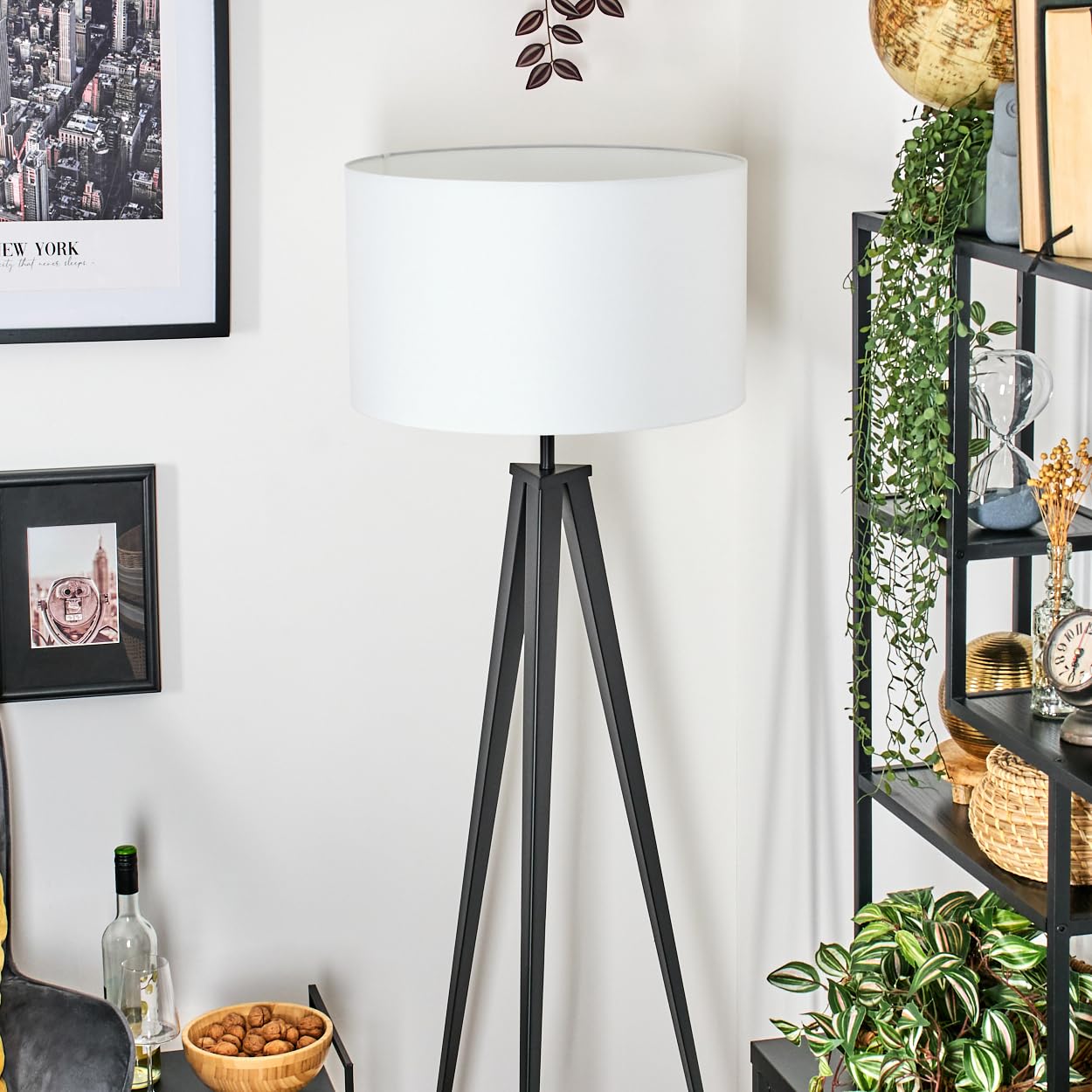HOFSTEIN Stehleuchte Flemming, Stehlampe aus Metall/Stoff in Schwarz/Weiß, Leuchte im Boho-Style, skandinavisches Design (Ø 50 cm), Höhe 162 cm, mit Fußschalter, 1 x E27, ohne Leuchtmittel