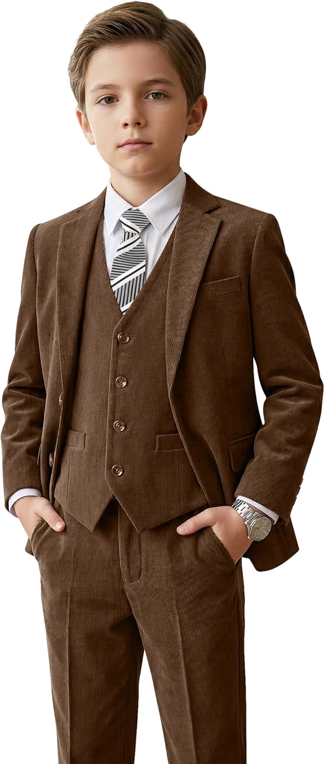 Boys Corduroy Suit Slim Fit 5 Piece Wedding Suits for Boy Vintage Winter Outfit Casual Corduroy Suit Teen Tuxedo