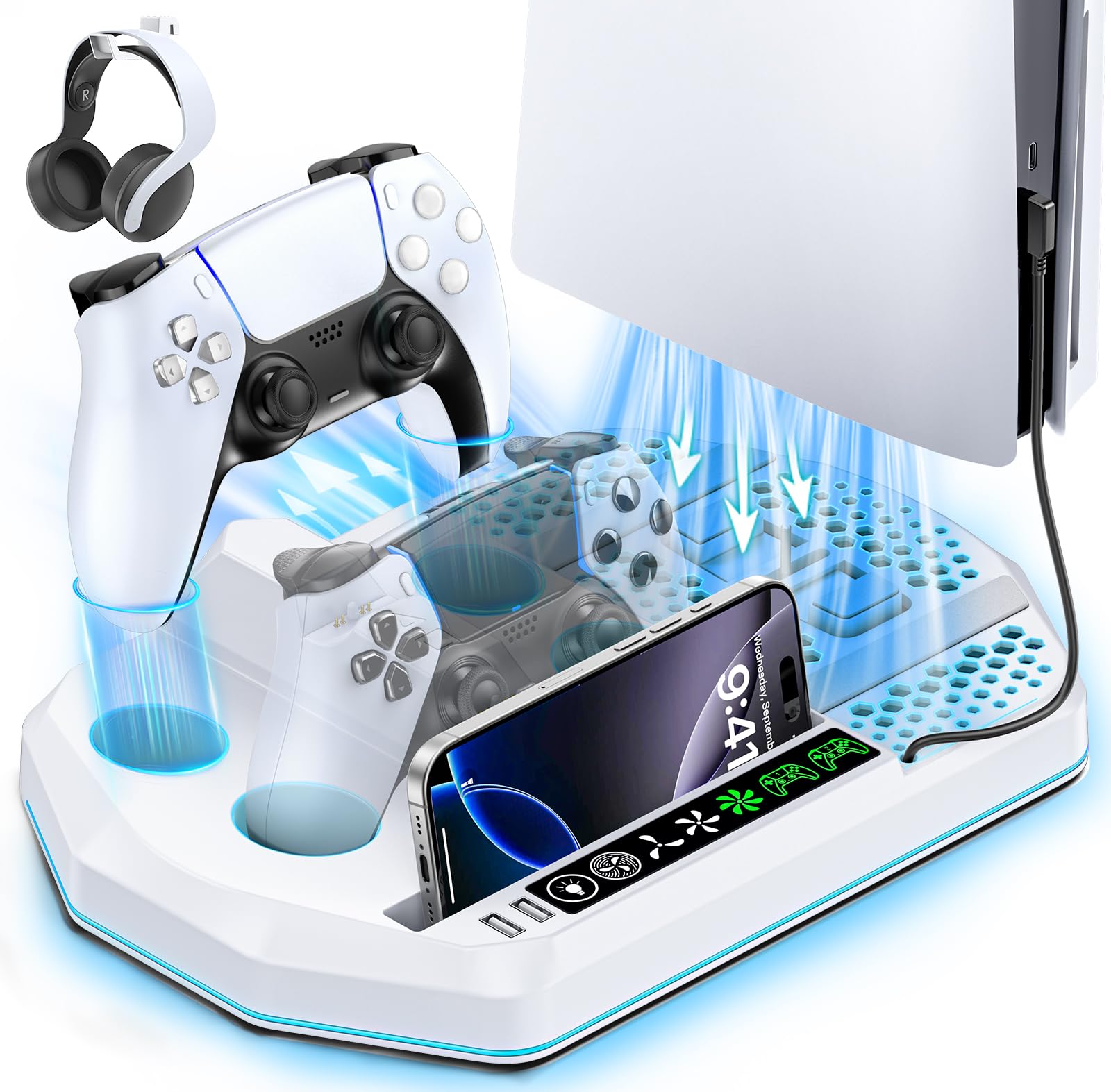 Cooling Station for PS5 with Dual Controller Charger Compatible with Playstation 5 Slim Pro PS5 Cooling Stand Station