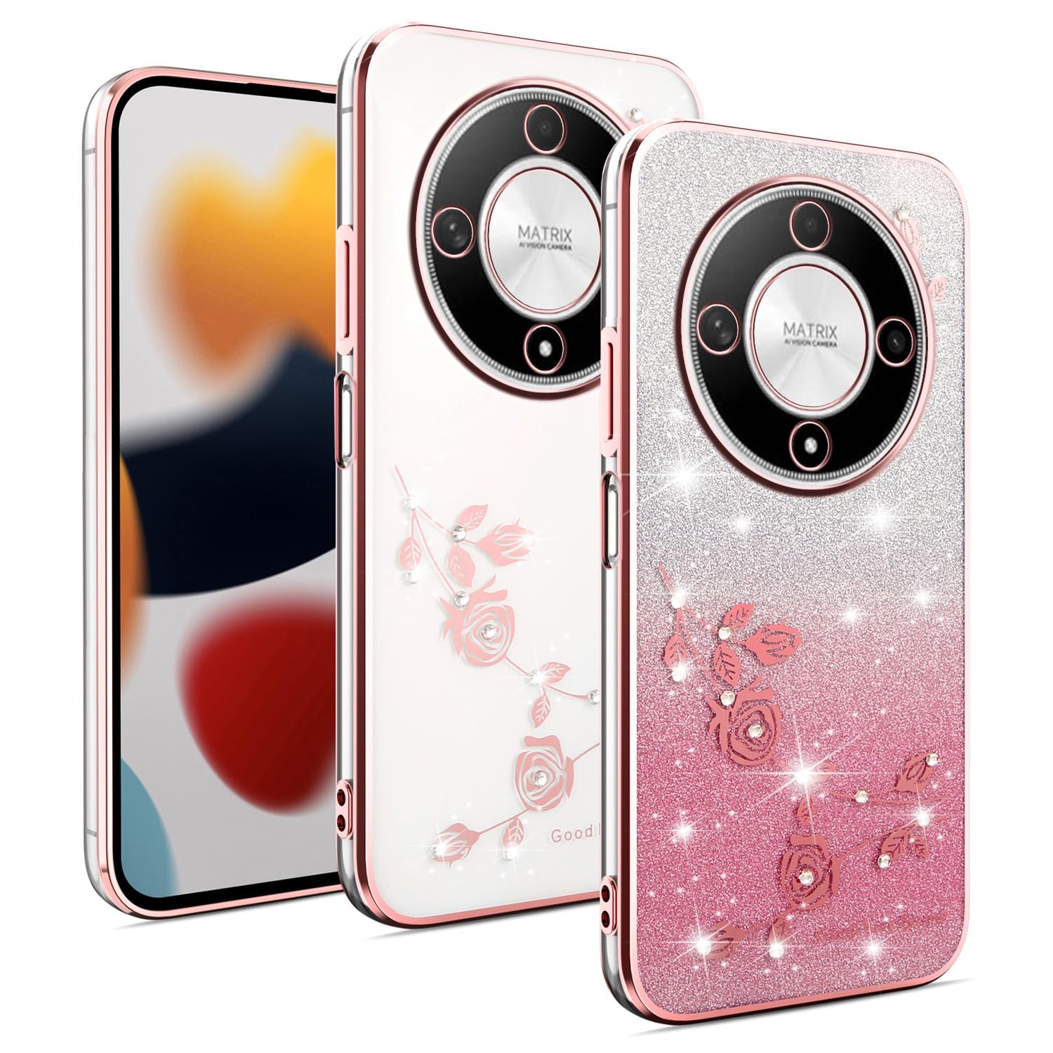 DESSEN Cover Per Honor Magic 5 Lite 5G Glitter - Trasparente Morbida Silicone Custodia Antiurto Protezione Case Con Bordo Placcato E Carta Glitter, Rosa