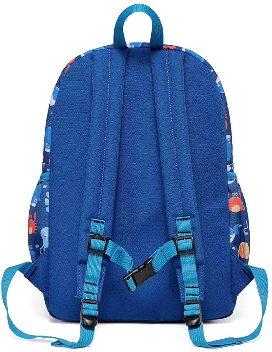 VASCHY Mochila Niño, Mochila Infantil Resistente al Agua Mochila Escolar para Niños de 4-6 Años con Correa de Pecho Etiqueta de Nombre para Escuela Viaje, Patrón de Peces de Mar, Azul