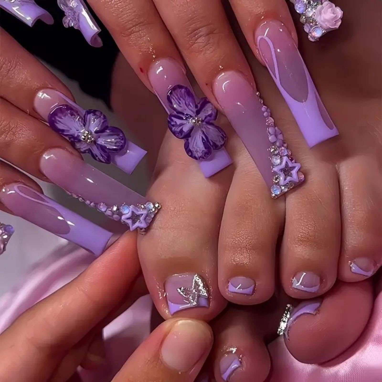 Flower Press on Nails Purple Press on Toenails Long Square Fake Nails French Tip Glue on Toenails with Rhinestone Design Glossy Full Cover Butterfly