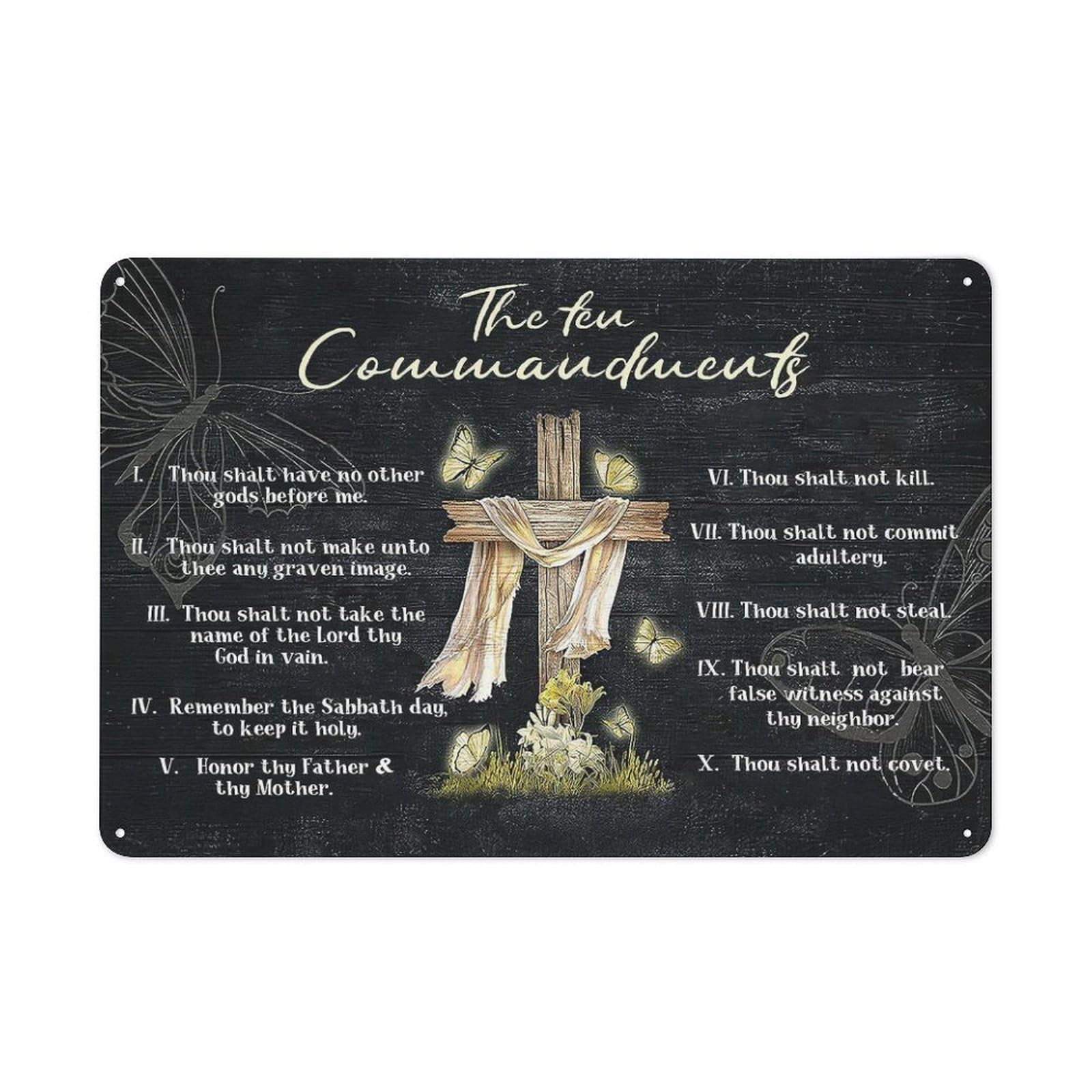 The Ten Commandments Commandments Cross Butterfly Bible Verse Christian Scripture Church Retro Wall Poster Art Decor Metal Tin Sign Garage Bar Courtyard Decor 8X12Inch