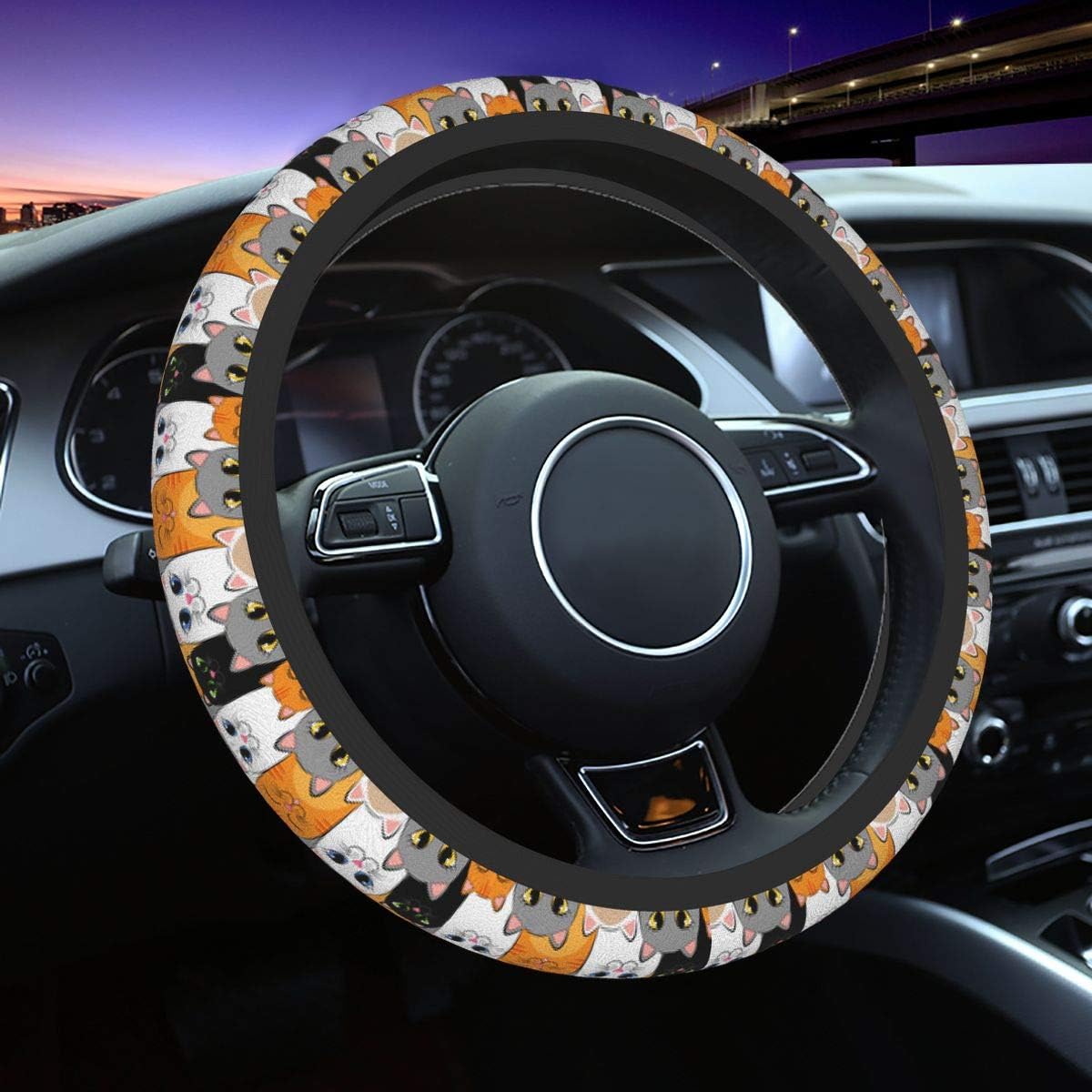 Delerain Cute Cats Kittens Steering Wheel Covers, Anti Slip Elasticity Car Accessories Steering Wheel Protector Universal 15 Inch for Women Man