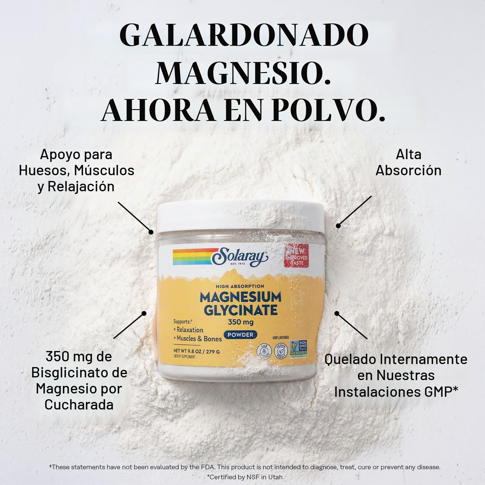 Solaray Polvo Magnesio Bisglycinato 179 gramos - Magnesium Bisglycinate - Suplemento de magnesio para apoyo óseo, muscular y relajante - Vegano, Sin Gluten