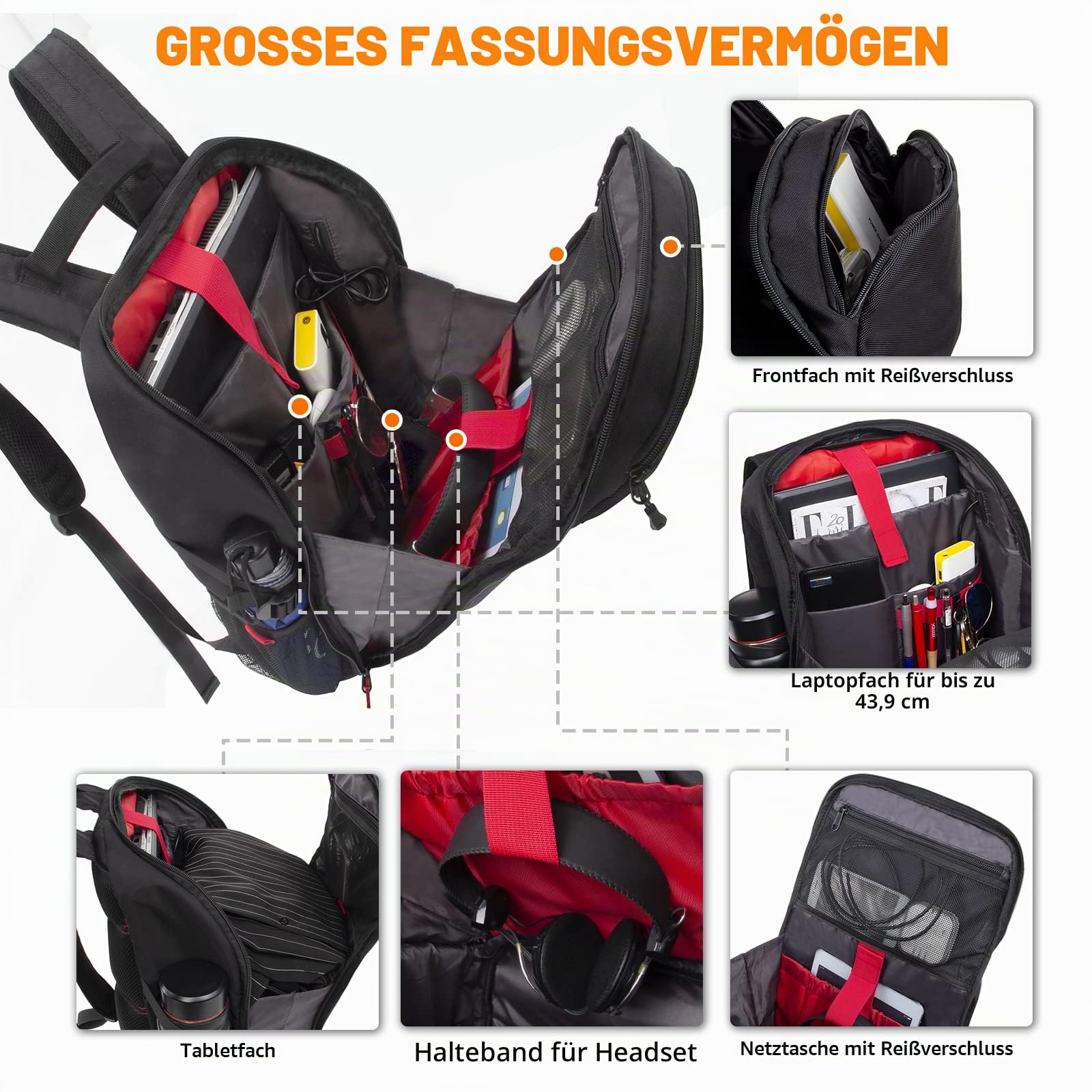 KINGSLONG Motorradrucksäcke für Herren,Rucksack Laptop Herren 15-17,3 Zoll | Tech Wasserdicht Gaming Rucksack mit USB-Anschluss Reisen Rucksäcke Hartschale Motorrad Rucksack Outdoor - Schwarz