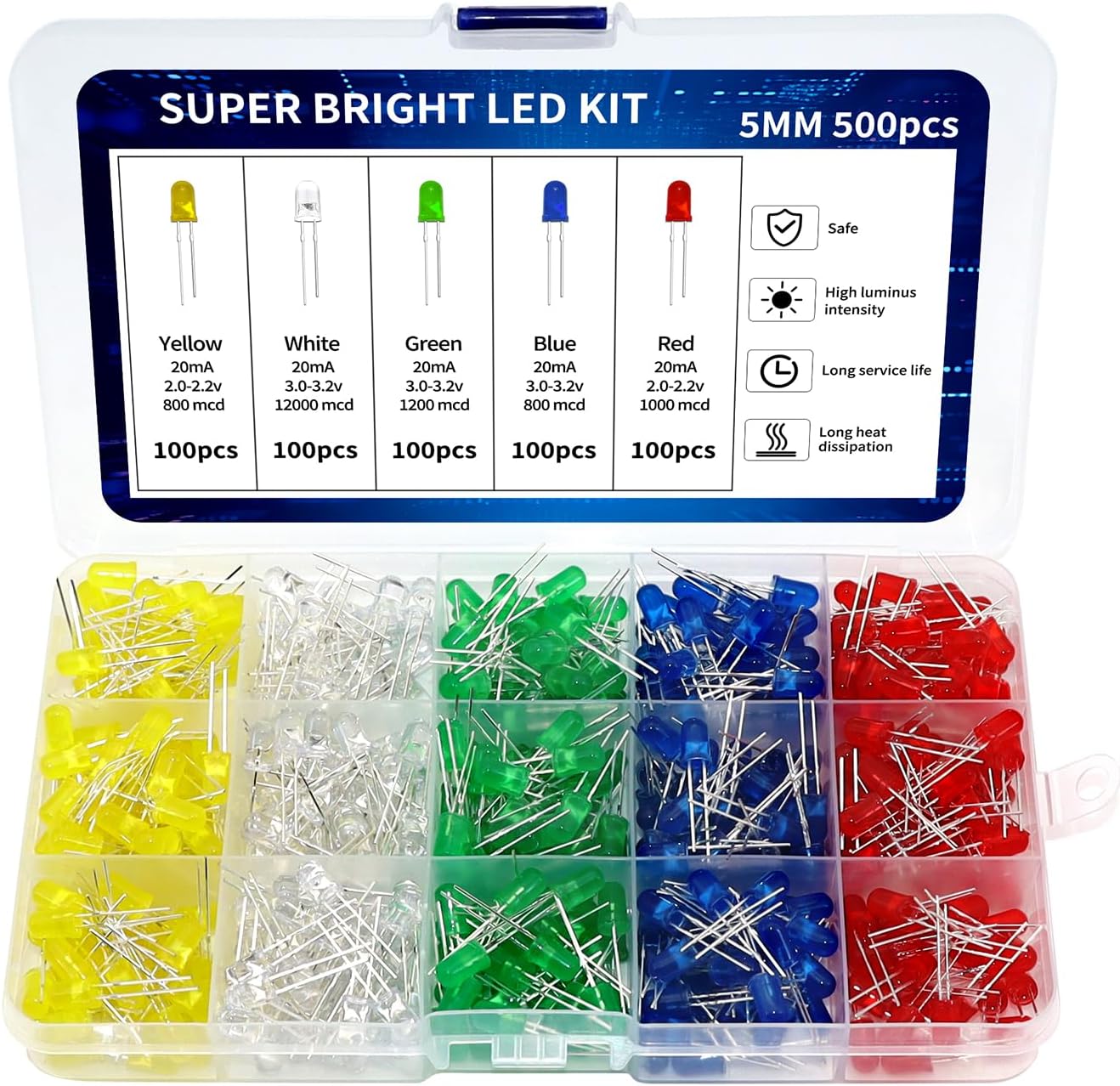 500pcs Super Bright 5mm LED Diode Light – （5 Colors X 100 Pcs / 500 Pcs） High Brightness Assored Kit 5 mm Light Emitting Diodes Parts