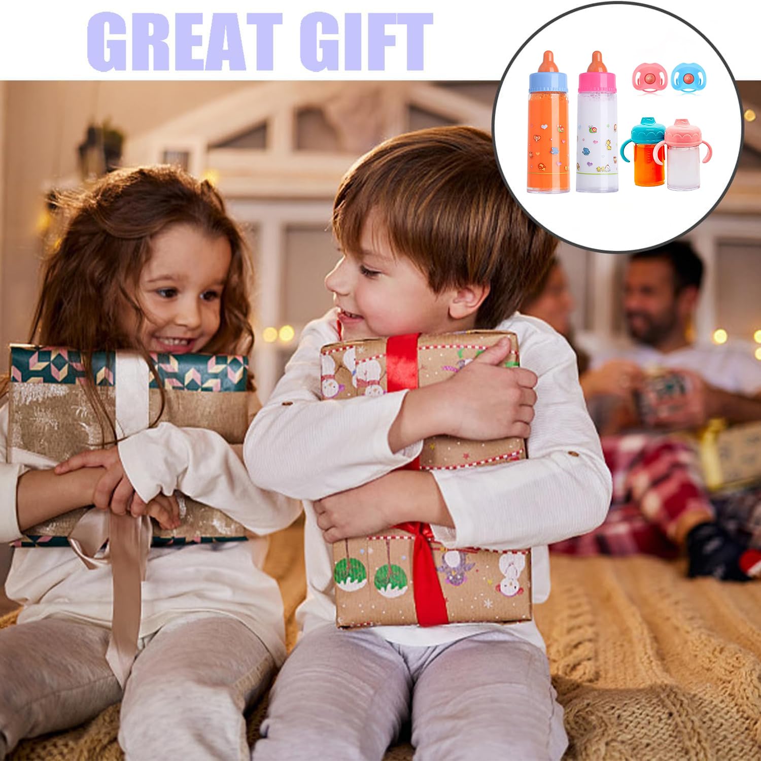 Magische Flasche, 4 Stück Puppenflasche Mit Milch und 2 Stück Puppenschnuller, Magische Flasche mit verschwundenem Milch oder Saft für Babypuppen, Spielpuppen