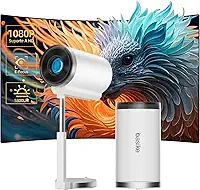 Mini Projetor Portatil 1080P 4K Full HD, 5G Wifi 5 BT 5.0 Android 13, LED Projector Auto de Correcção Trapezóide Horizontal, 90°Girável Projector para Telefónico Branco