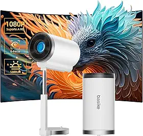 Mini Projetor Portatil 1080P 4K Full HD, 5G Wifi 5 BT 5.0 Android 13, LED Projector Auto de Correcção Trapezóide Horizontal, 90°Girável Projector para Telefónico Branco