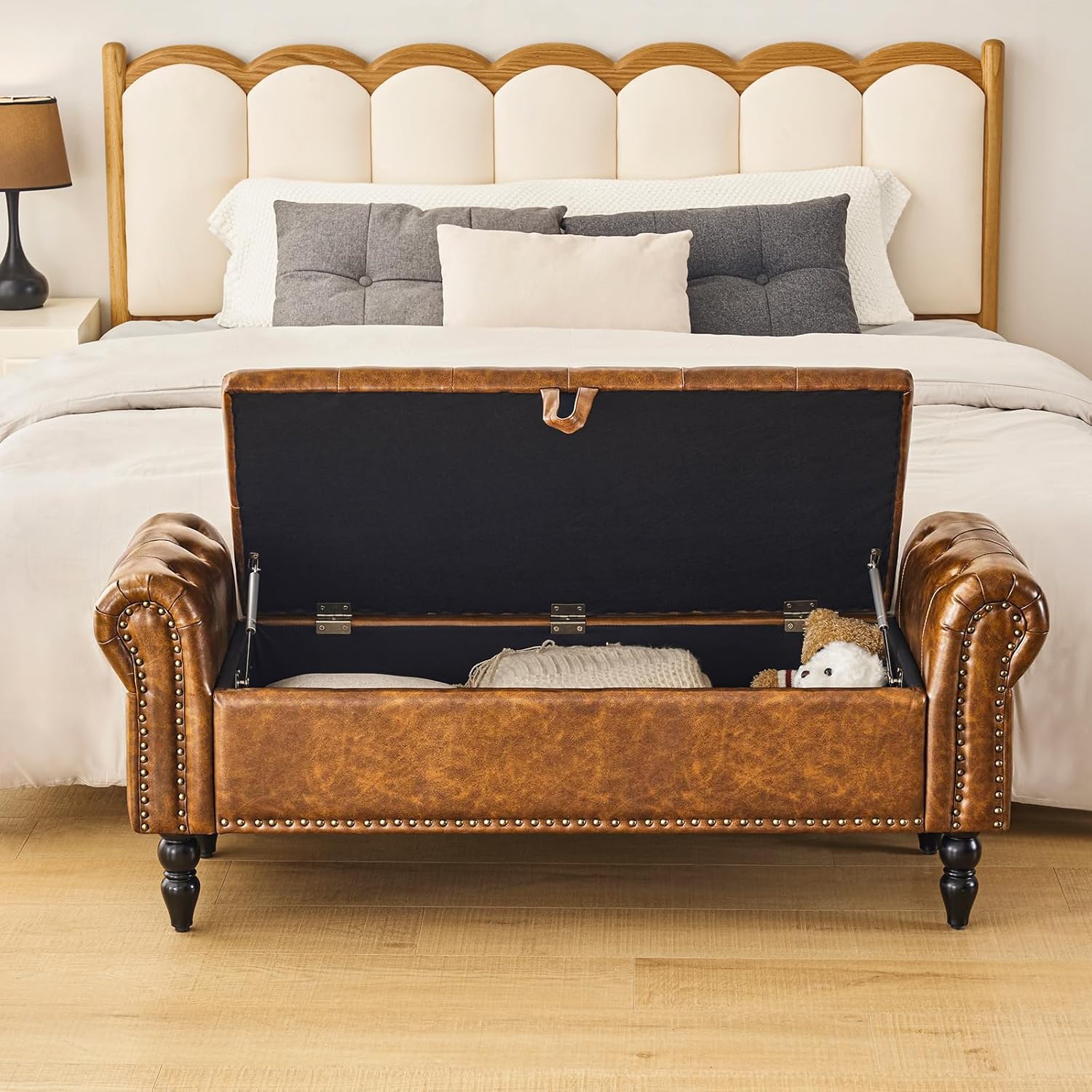 Furnimart Storage Bedroom Bench for End of Bed, Faux Leather Upholstered Storage Ottoman with Rolled Arms for Bedroom,Living Room, Entryway, 2.5Cubic Feet