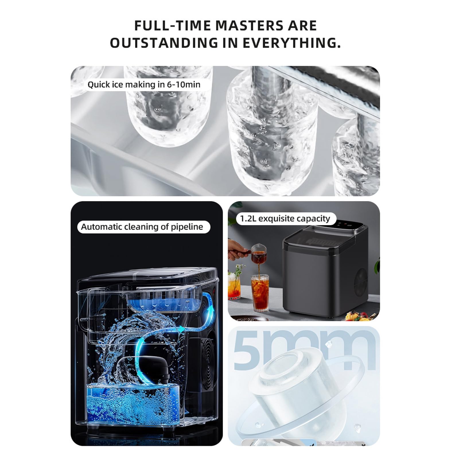 Ice Cube Machine,Eismaschine,1,2L-Wassertank,Eisproduktionskapazität 12Kg/24h,9 Eiswürfel (5mm) Pro Durchgang,Leiser Betrieb, Selbstreinigend,Küche/Camping/Eisgetränke