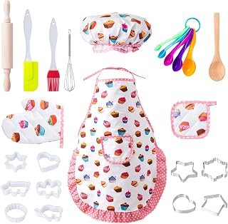 LIHAO 20 x Kochset Kinder süßes Backset Küchenspielzeug Set Zubehör Schürze mit Kochmütze Topfhandschuhe Topflappen Ausstechform als Kinderküche Geschenk (Mehrweg)