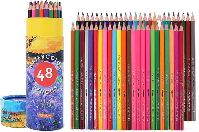 48 Watercolor Pencils by Cyper Top, Professional Colored Pencils for Adults, kids and Coloring Book, Artist Drawing Pencils with a Water Color Brush for Blending, Sketching, Shading