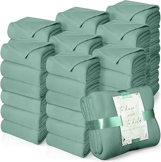 Buryeah 48 Pack Oeko-tex Certified Wedding Flannel Throw Blanket Bulk 50 x 60 Inch Soft Fleece Lap Blanket with Thank You Cards Ribbon for Guests Sleepover Spa Slumber Favors Gifts (Lake Blue)