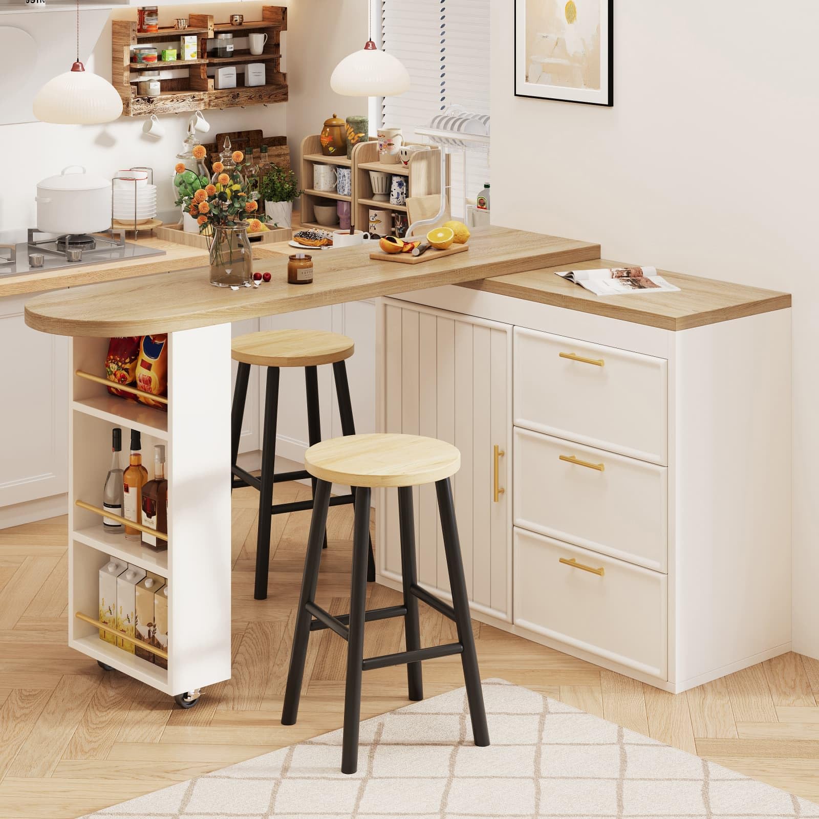 Sweiko Meuble Bar Rotatif 360° avec 3 tiroirs et 1 Porte, Buffet avec étagère latérale, Table d’appoint pour Salon, Salle à Manger, Cuisine ou Espace Bar