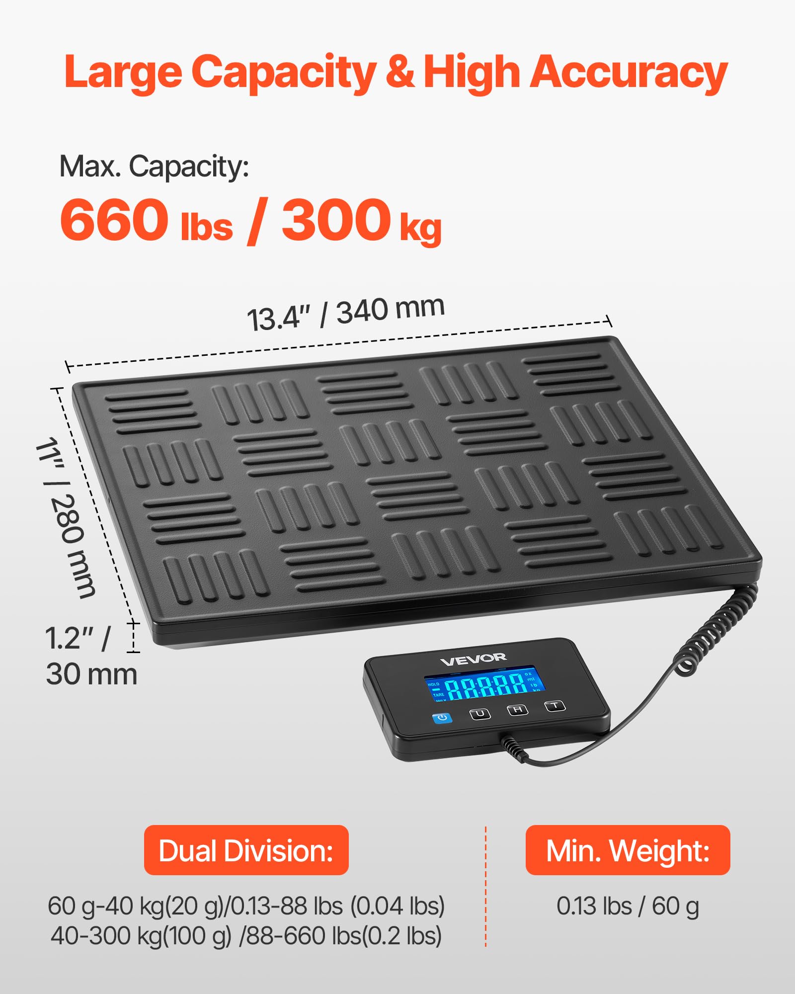 VEVOR Báscula Digital para Paquetes, 20/100 g, Doble Precisión, Plataforma de 300 kg con Función de Tara/Retención y Pantalla LCD, para Paquetes, Envíos y Equipaje, con Batería y Cable de Carga