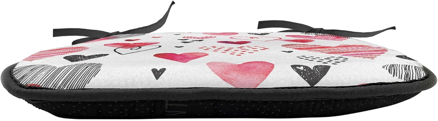 Ambesonne Valentine Chair Seating Cushion Set of 4, Different Types of Heart Shapes Romance Love Theme Watercolor Striped Art, Anti-Slip Seat Padding for Kitchen & Patio, 16"x16", Pink Black White