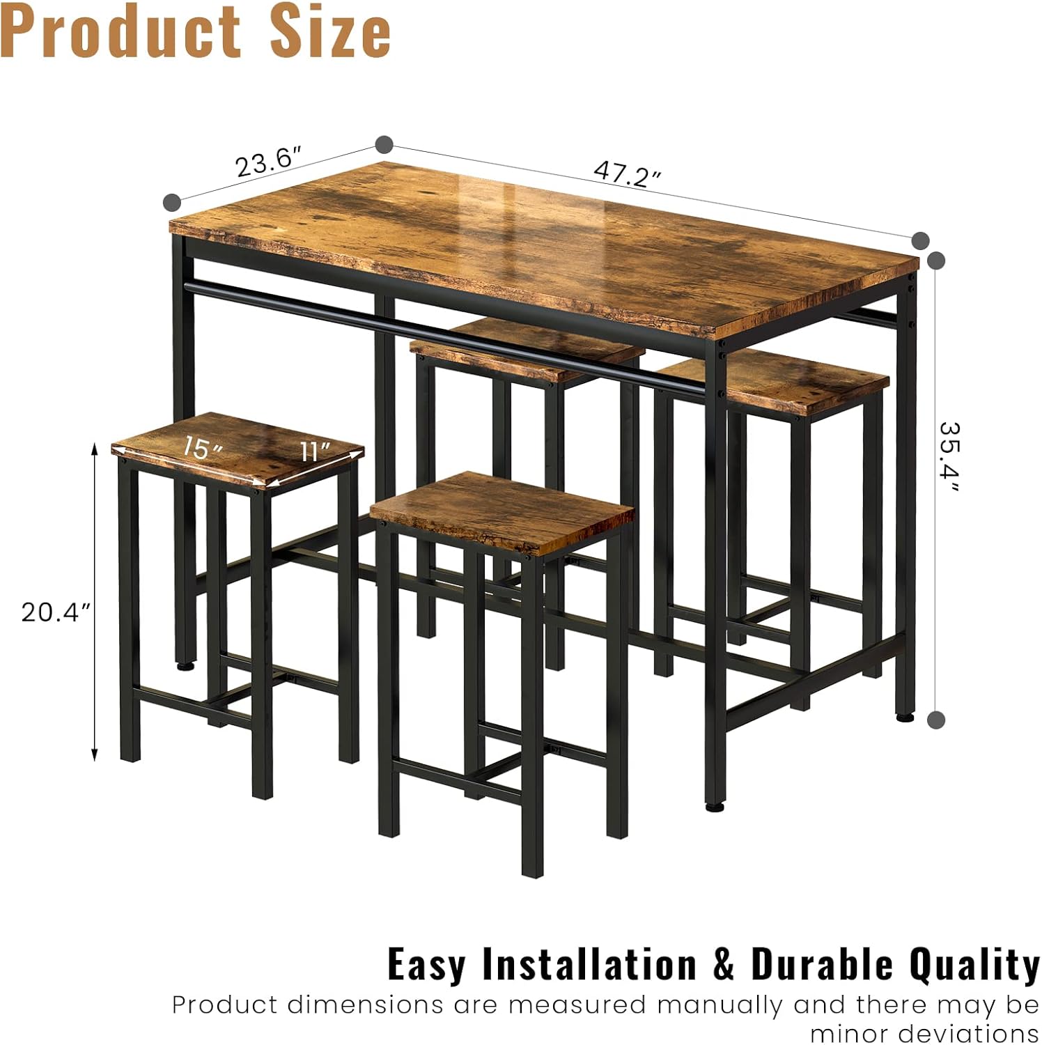 Recaceik Bar Bistro Chairs for 4, Modern Kitchen & Dining Room Set, Pub Counter Height Table with 4 Stools for Small Spaces Breakfast Nook Apartment, 47.2 x 23.6 x 32.3, Retro Brown