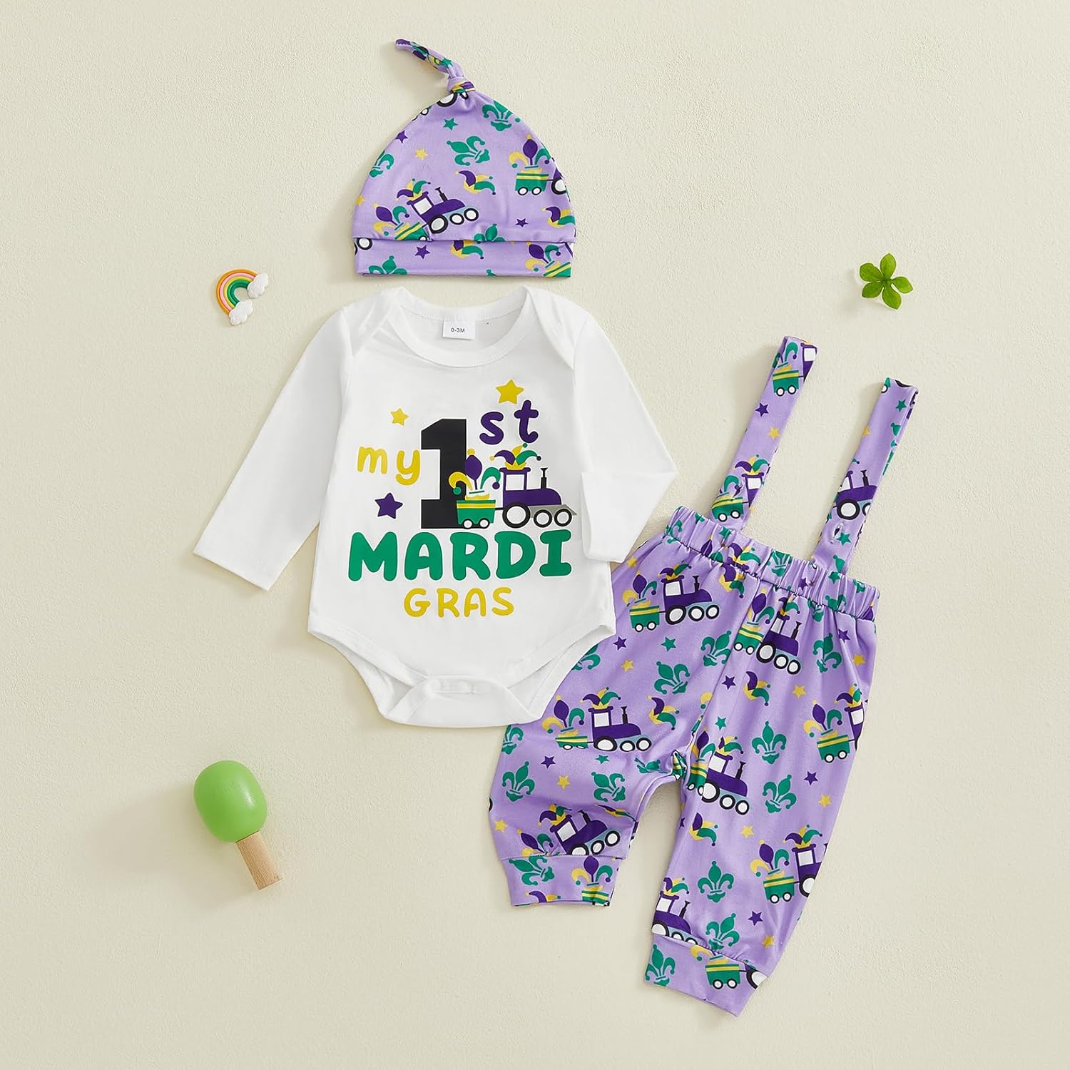 My First Mardi Gras Baby Boy Outfit Newborn Long Sleeve Romper Suspender Overalls Pants Hat Set Carnival Clothes - Image 5