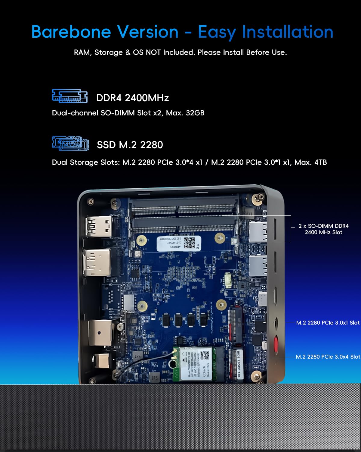 Mini PC Barebone AMD Ryzen 5 3500U (4C/8T fino a 3,7 GHz), 2 slot RAM + 2 alloggiamenti di archiviazione (M.2 2280), triplo display 4K tramite USB-C/HDMI/DP, per casa, ufficio, lavoro, nessuna