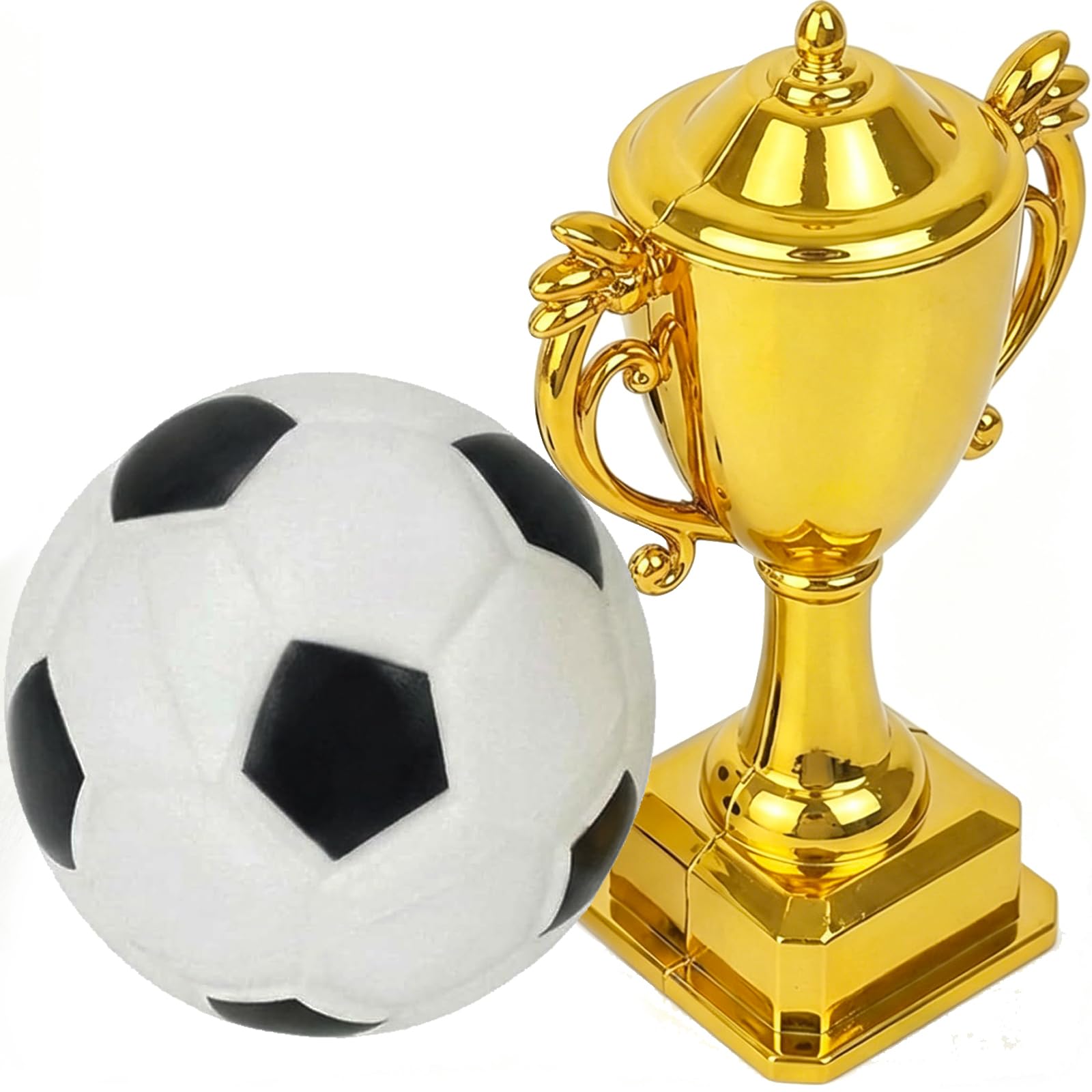 2pcs Football Cake Decorations,Mini Footballs for Cake,Football Cake Topper, Football Cake Accessories with Gold Trophy